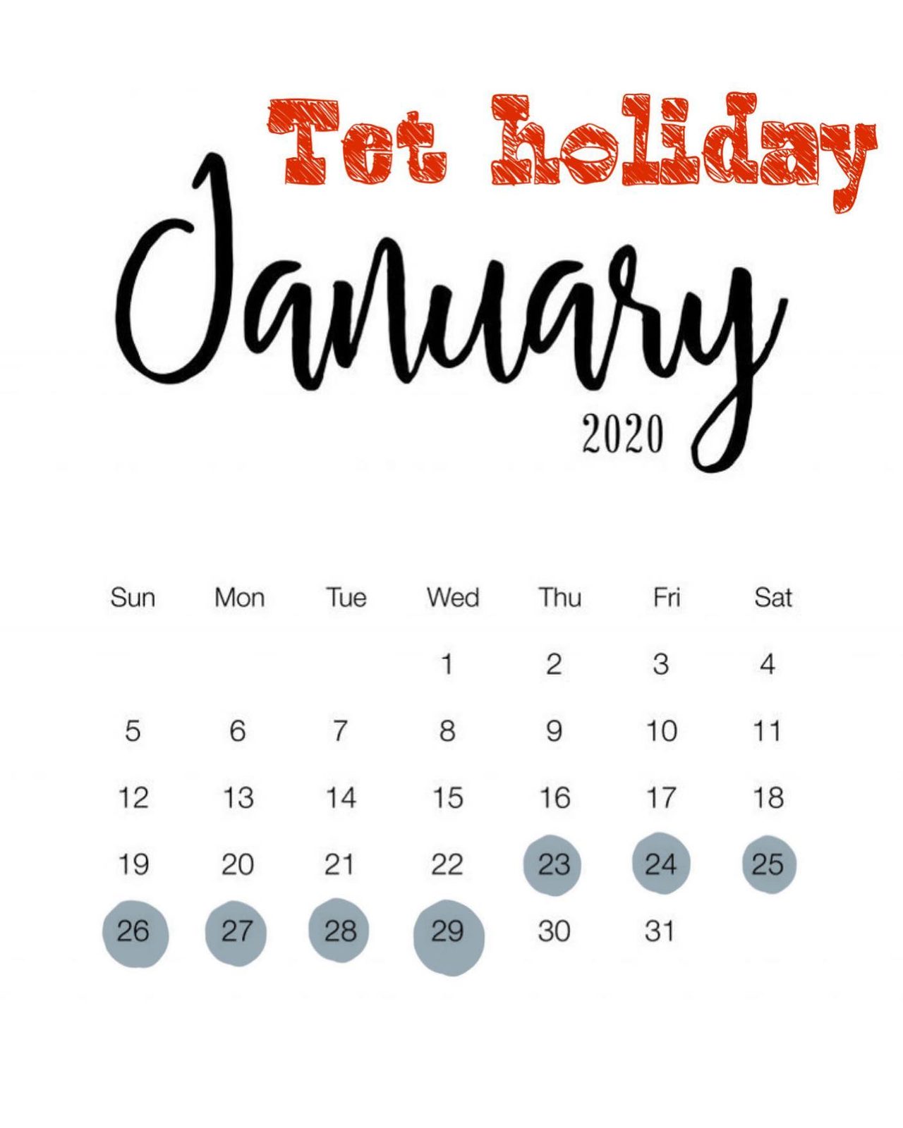 Lịch Tết tháng 1/2020