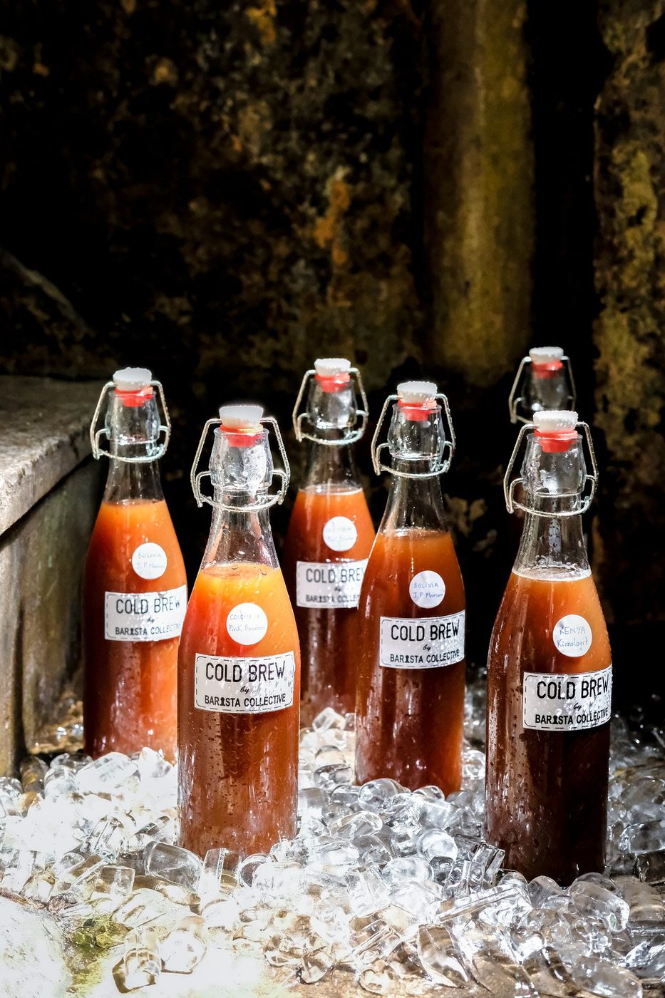 Cold brew bottle series; splash/action photography, single-origin bags