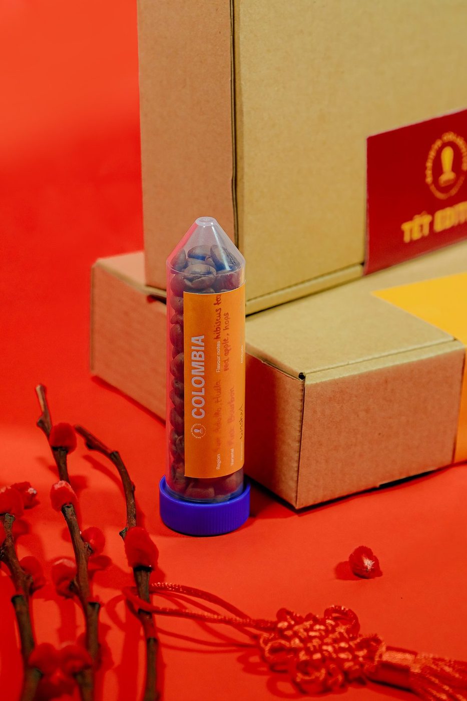 Tết 2023; gift sets, coffee tubes, chrysanthemum decor, red apron barista