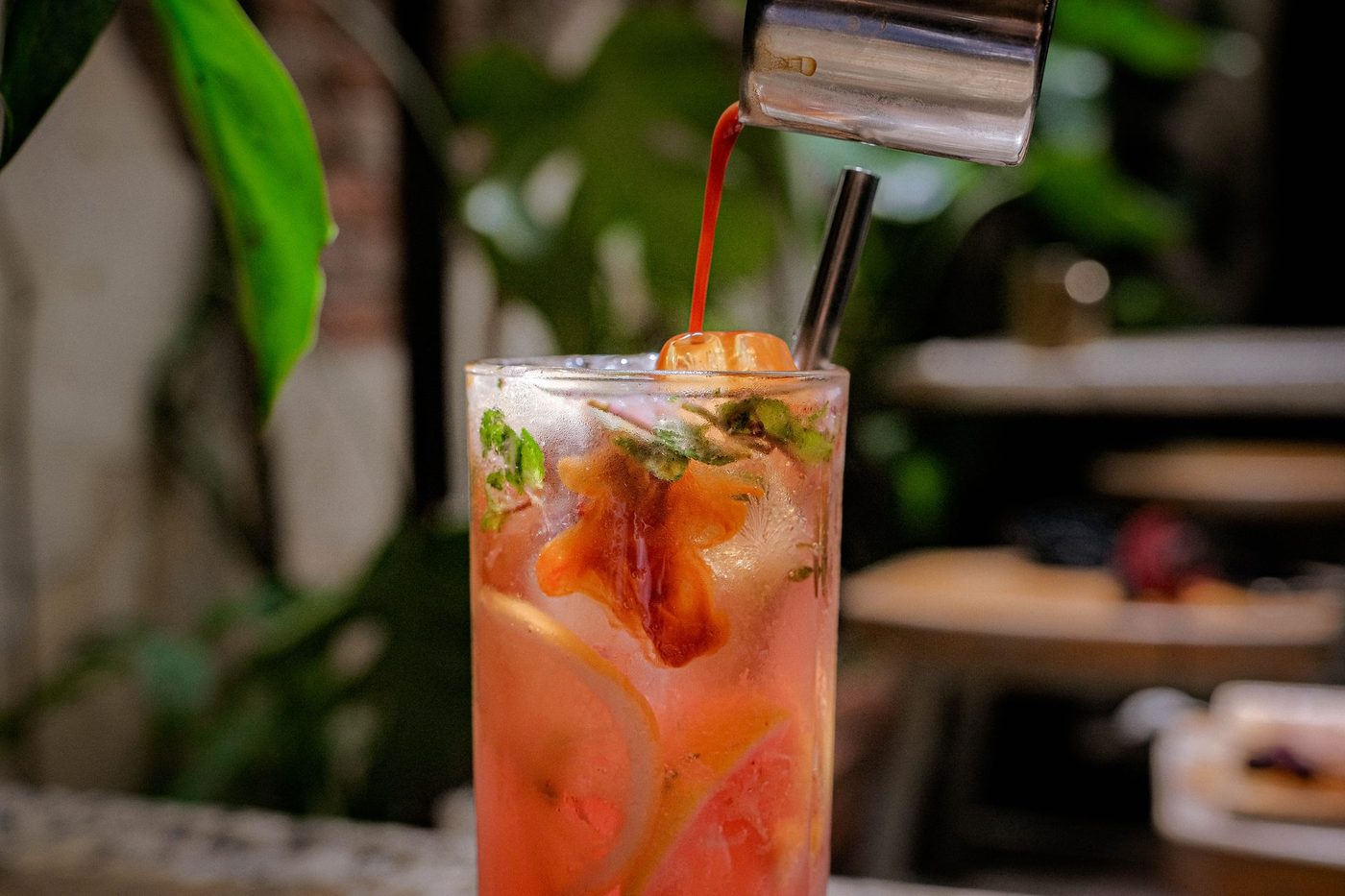Summer drinks; pink/orange fruity, herb & lemon, evening interior