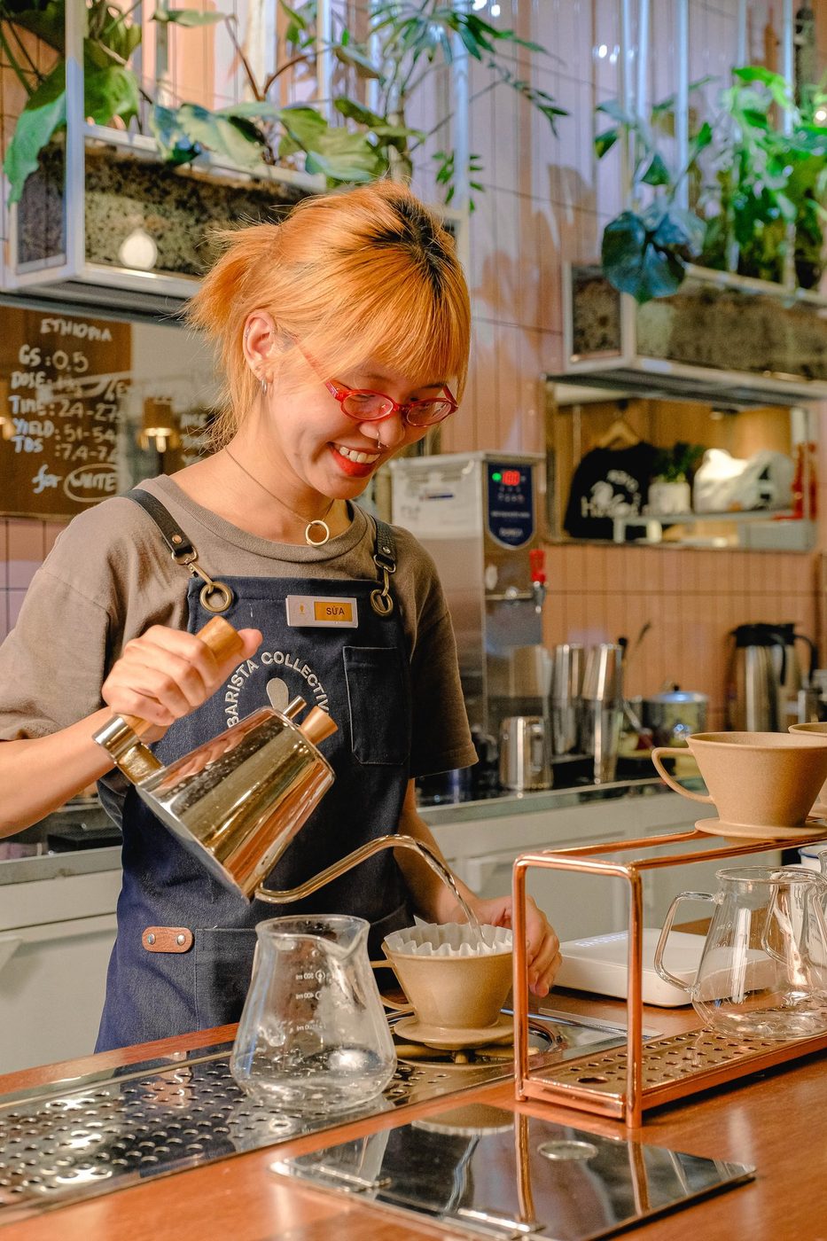 Featured barista portrait series; pink rattan customers, art event
