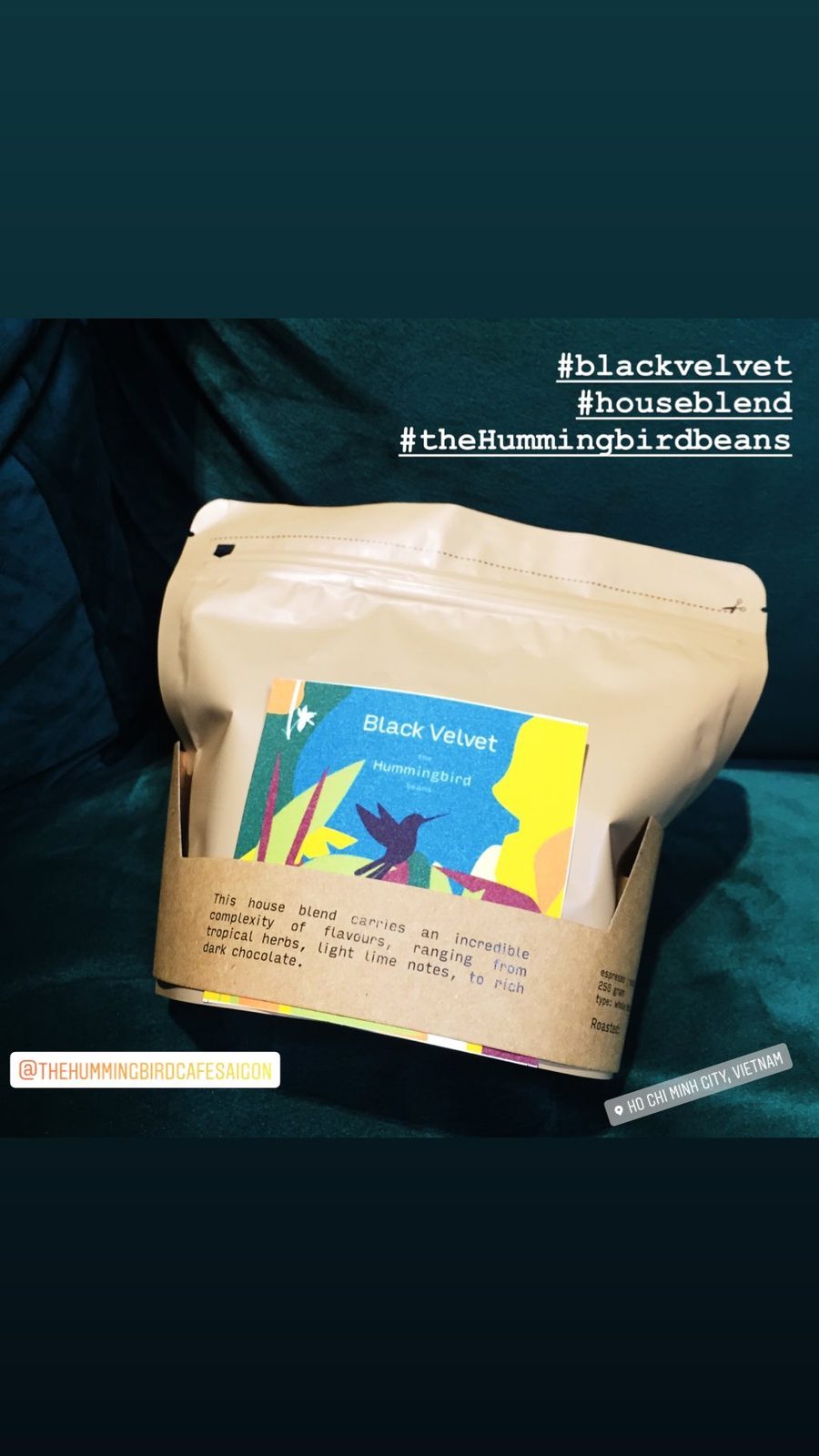Túi hạt house blend 'Black Velvet' với hoạ tiết chim ruồi