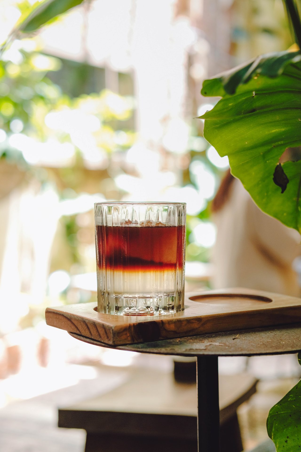 Ly cà phê khung lá, ngược nắng.