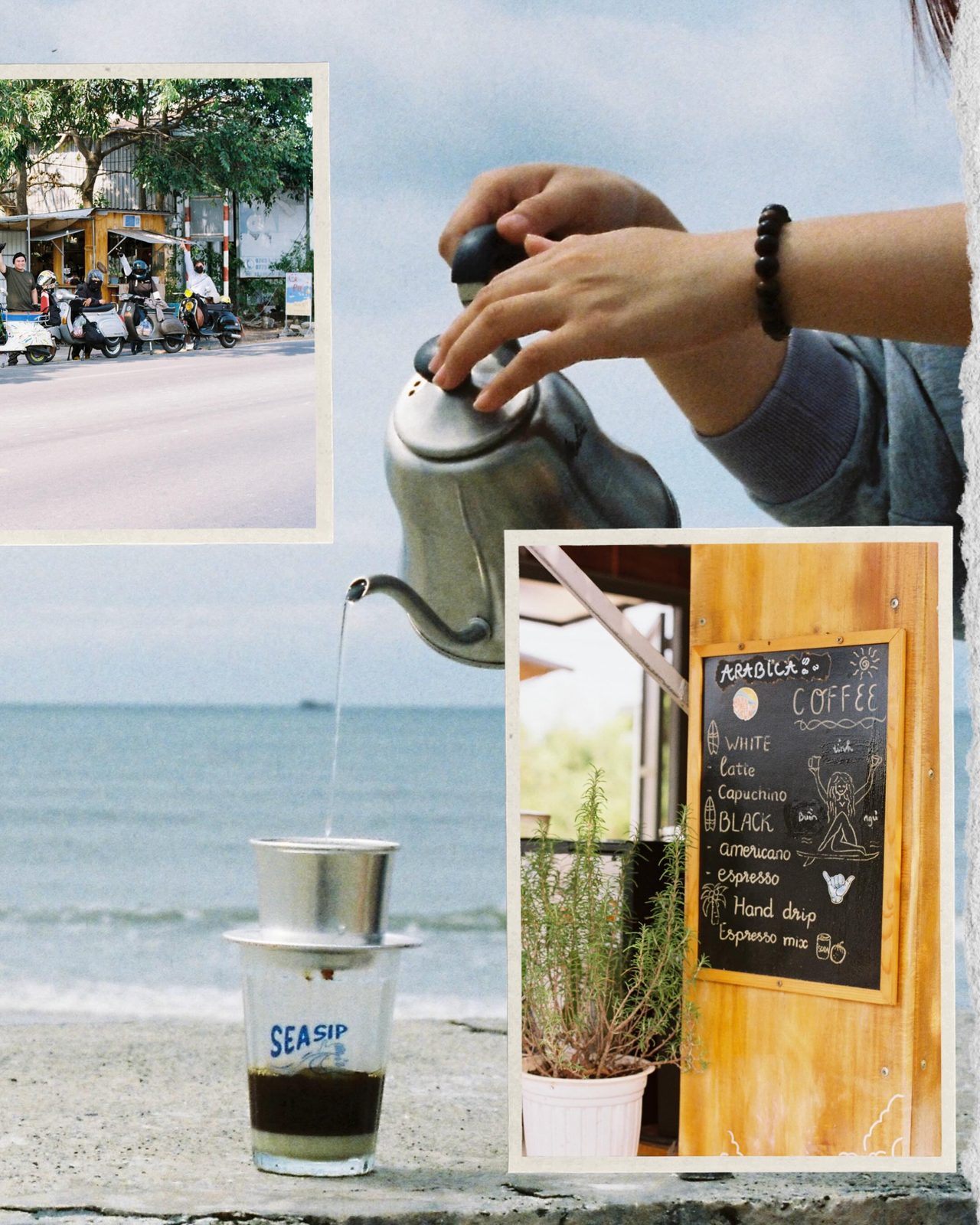 Ảnh film ghép: cảnh biển lồng trên nền một ly pour-over