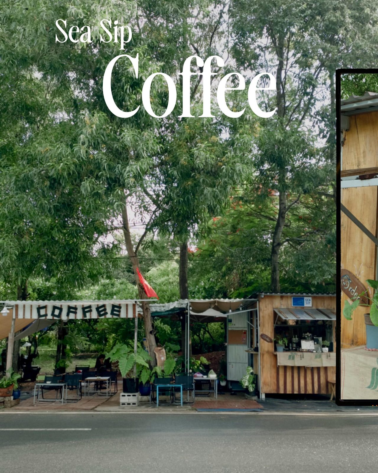 Cabin gỗ Sea Sip Coffee dưới tán cây, ven đường
